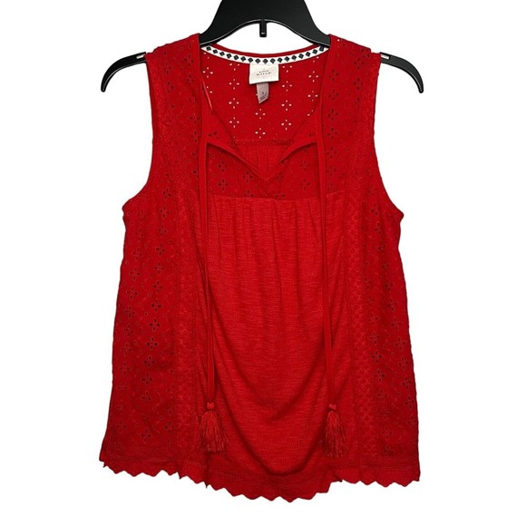 Knox Rose Red Ribbed Eyelet Sleeveless Tank Top Blouse Tassels Boho Casual Small